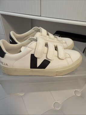 Veja Kids White Leather Sneakers with Black V Logo and Velcro Straps